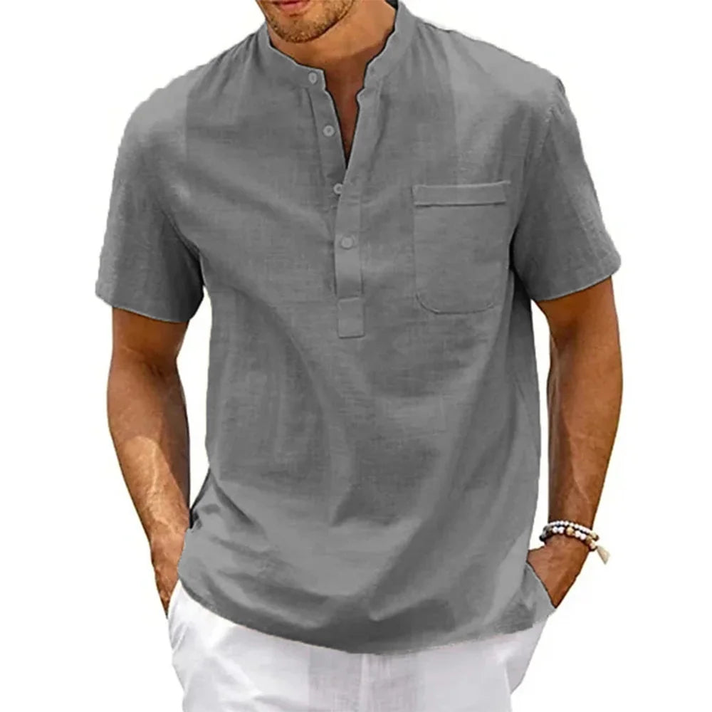 Men's Cotton Linen Henley Shirt – Short Sleeve Summer Pullover