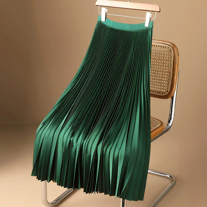 Women's Pleated A-Line Maxi Skirt | Vintage High-Waist, Satin Finish