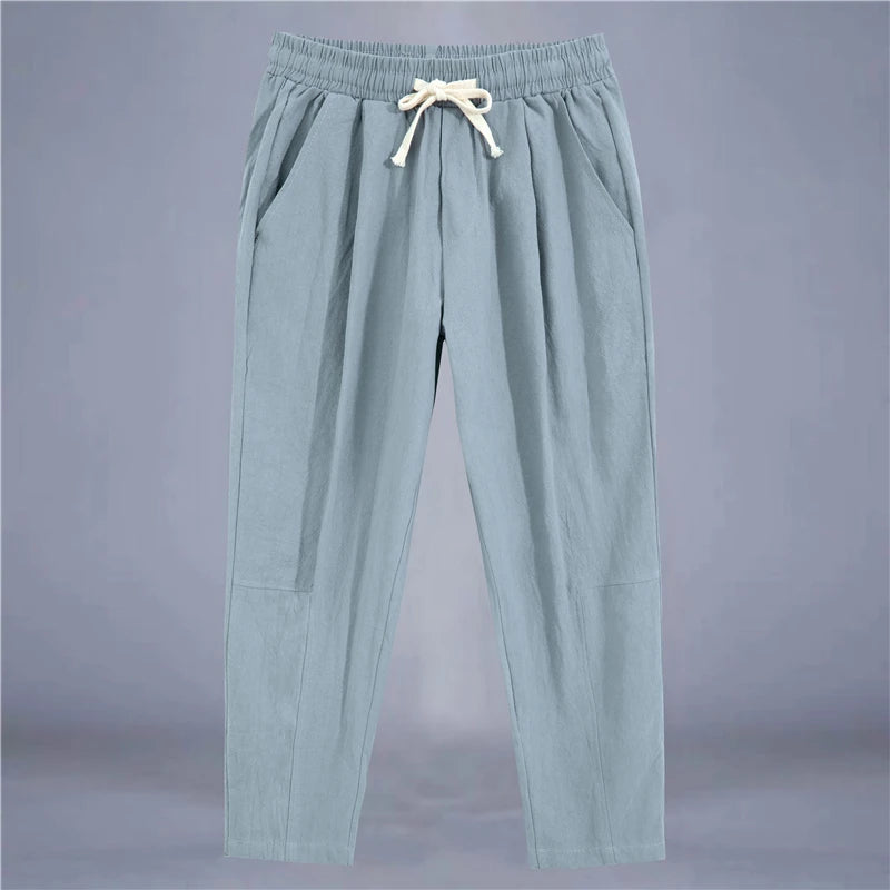 Men's Cotton Linen Streetwear Trousers – Loose Fit, Ankle-Length