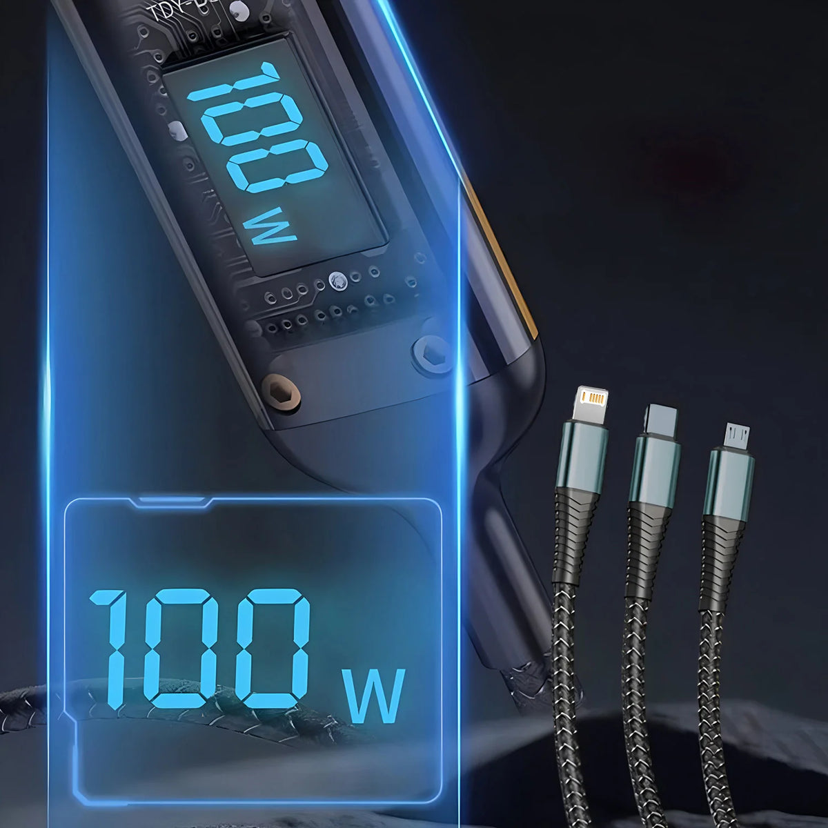 100W 3-in-1 Fast Charging Cable – USB-C, Micro, Lightning