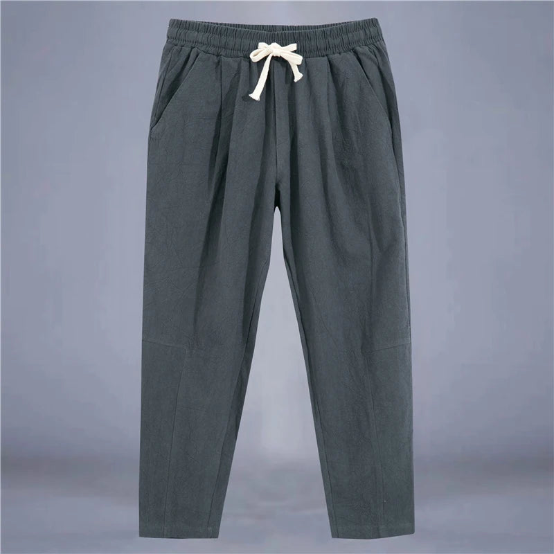 Men's Cotton Linen Streetwear Trousers – Loose Fit, Ankle-Length