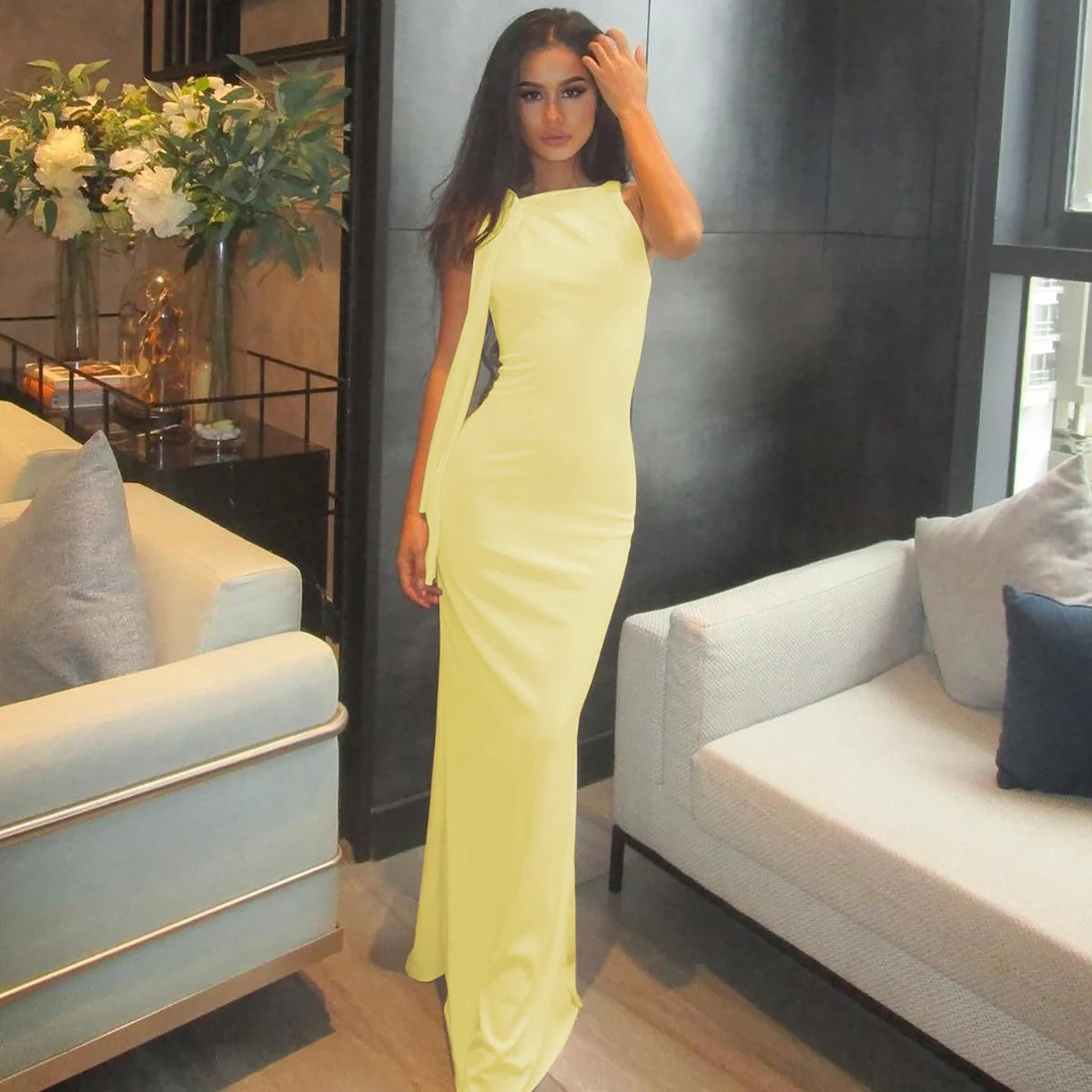 Women's Off-Shoulder Knit Maxi Dress, Empire Waist A-Line
