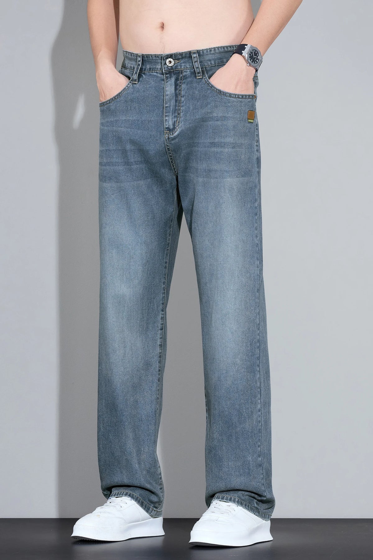 Men's Straight Leg Jeans – Lightweight Stretch Denim, Light Wash