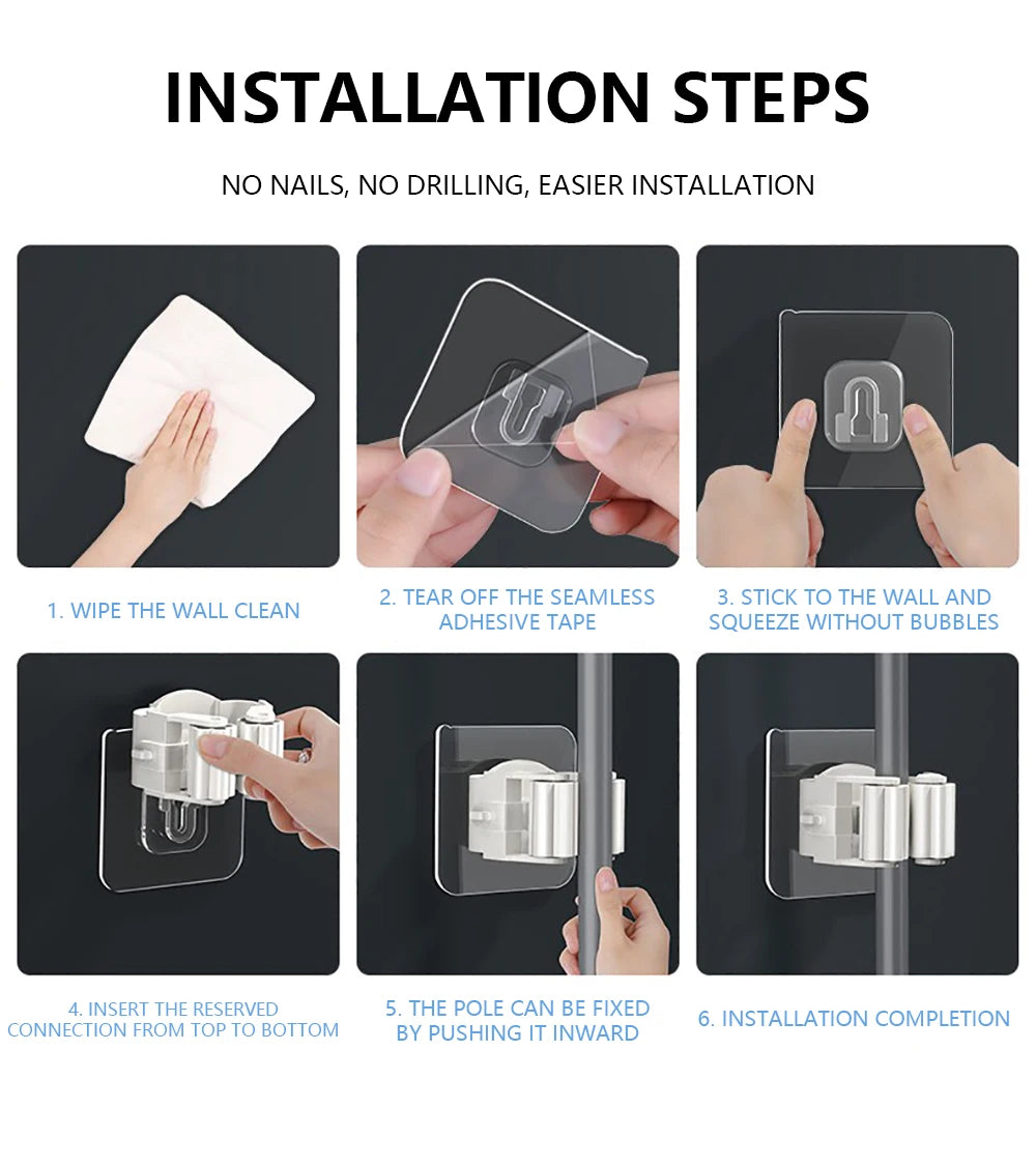 Adhesive Wall Mount Hooks – Mop & Broom Holder Rack