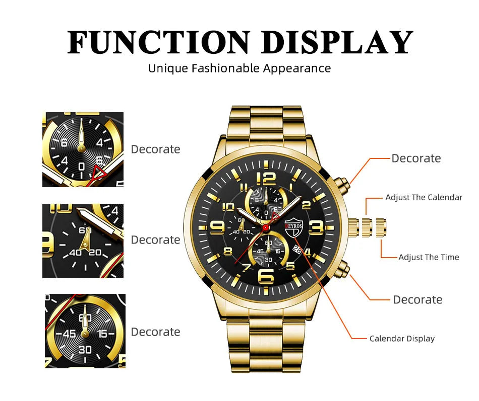Fashion Mens Sports Watches for Men Luxury Stainless Steel Quartz Wrist Watch Calendar Luminous Clock Man Business Casual Watch