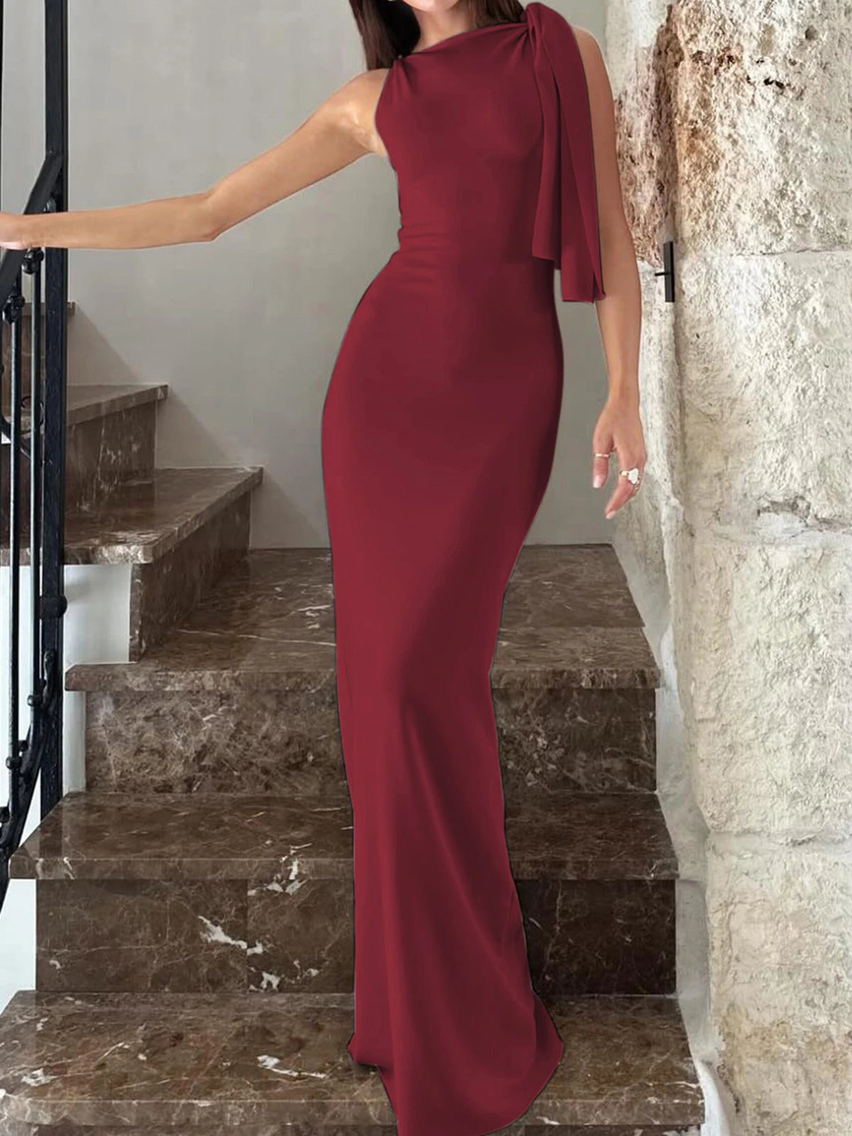 Women's Off-Shoulder Knit Maxi Dress, Empire Waist A-Line