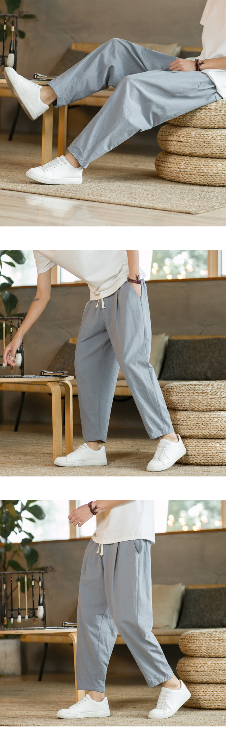 Men's Cotton Linen Streetwear Trousers – Loose Fit, Ankle-Length