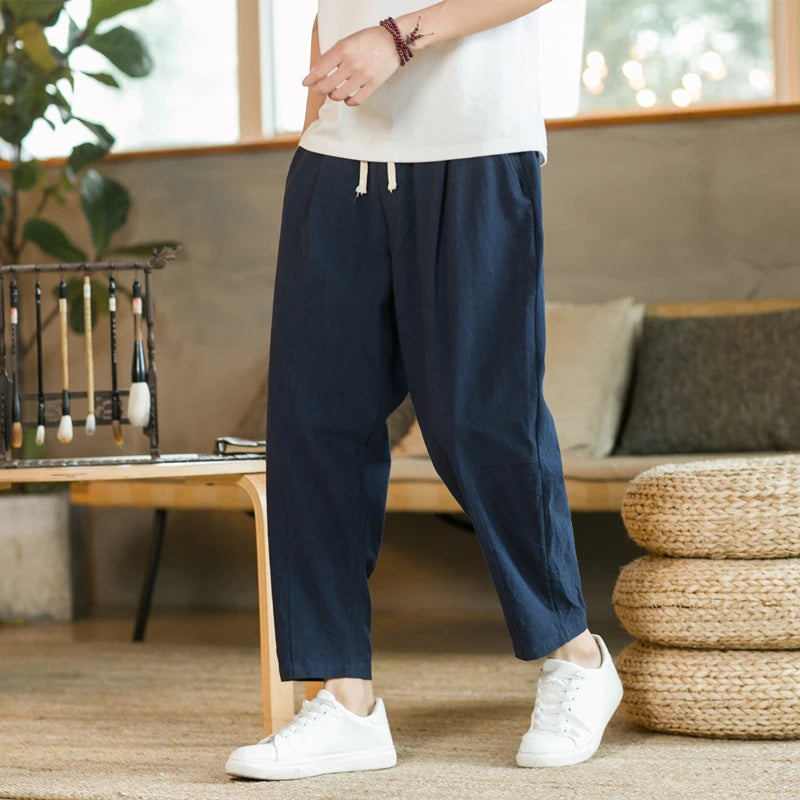 Men's Cotton Linen Streetwear Trousers – Loose Fit, Ankle-Length