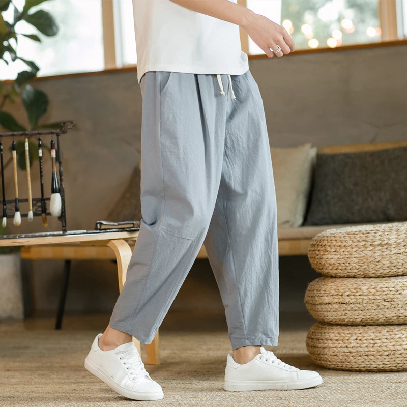 Men's Cotton Linen Streetwear Trousers – Loose Fit, Ankle-Length