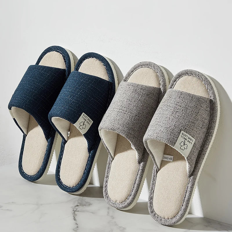 Men's Linen Slippers – Breathable Open-Toe House Shoes