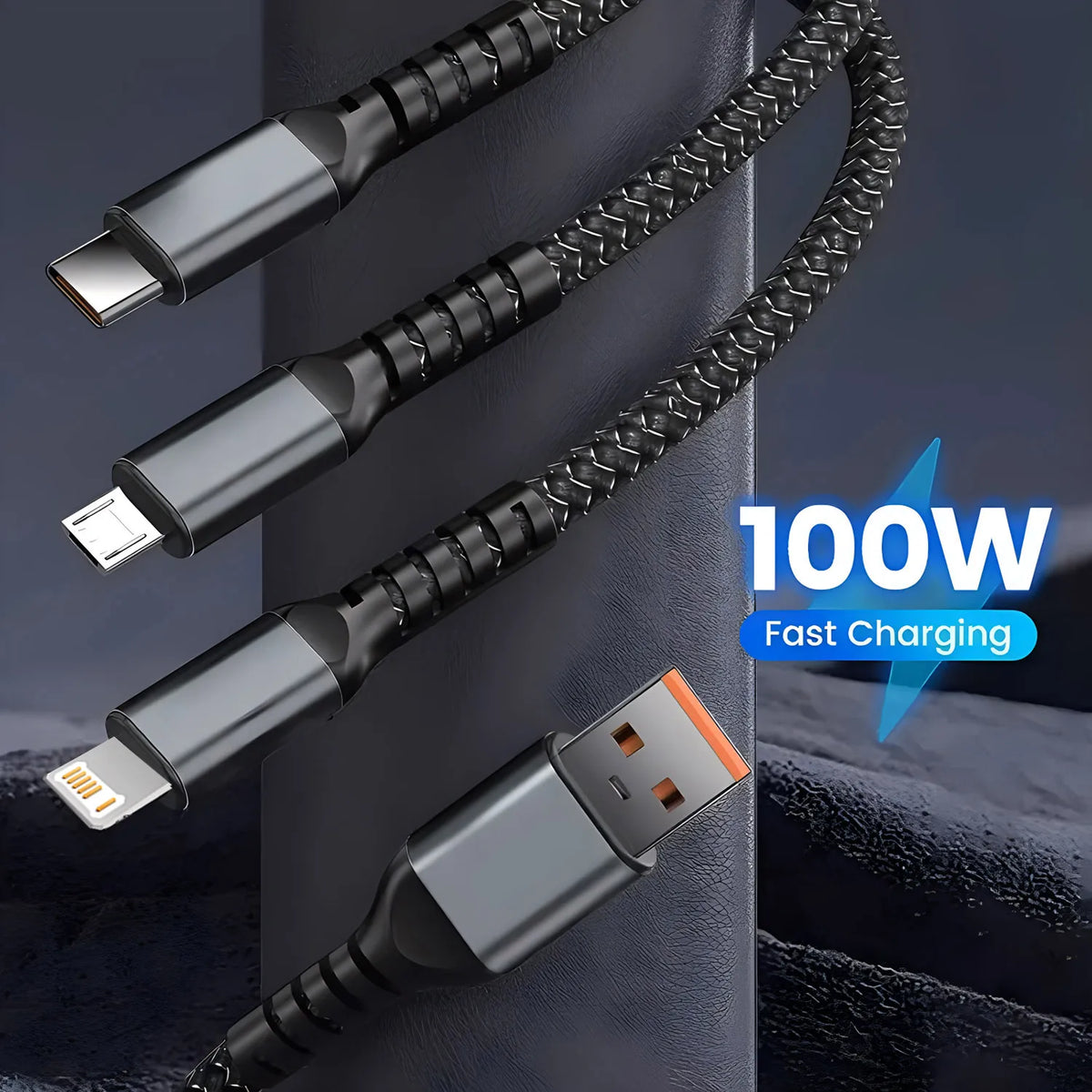 100W 3-in-1 Fast Charging Cable – USB-C, Micro, Lightning