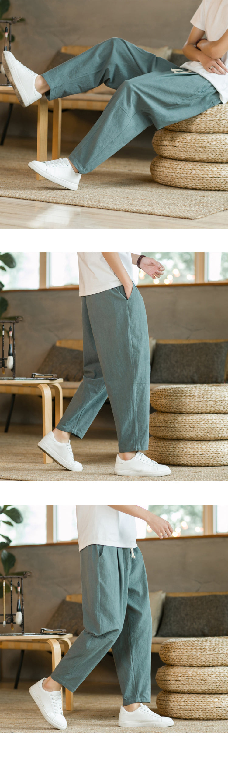 Men's Cotton Linen Streetwear Trousers – Loose Fit, Ankle-Length