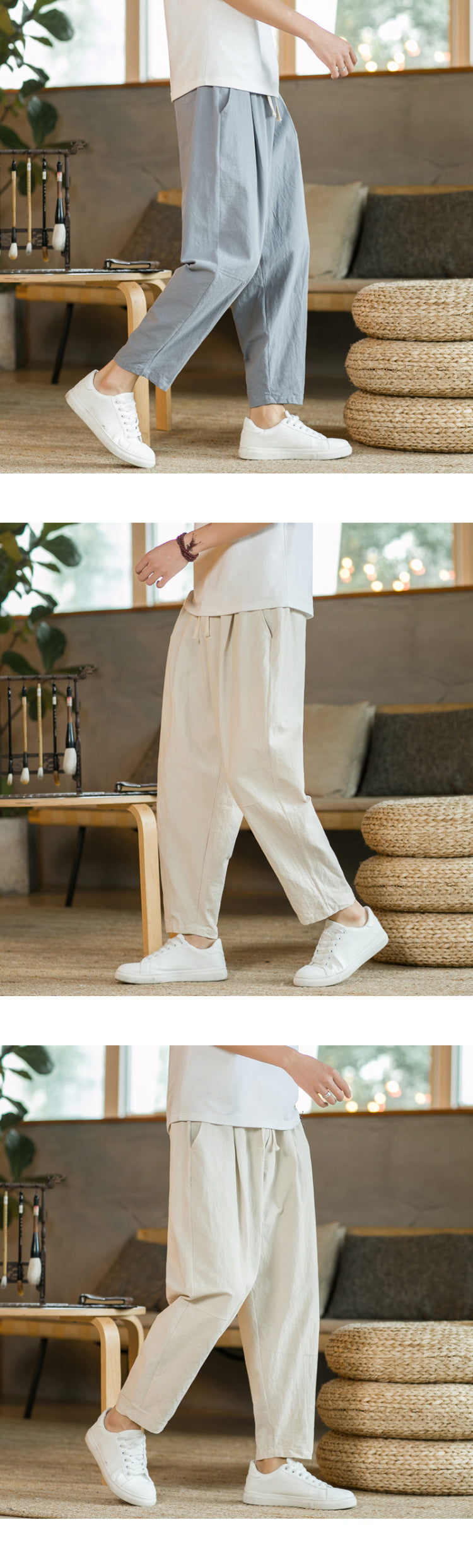 Men's Cotton Linen Streetwear Trousers – Loose Fit, Ankle-Length
