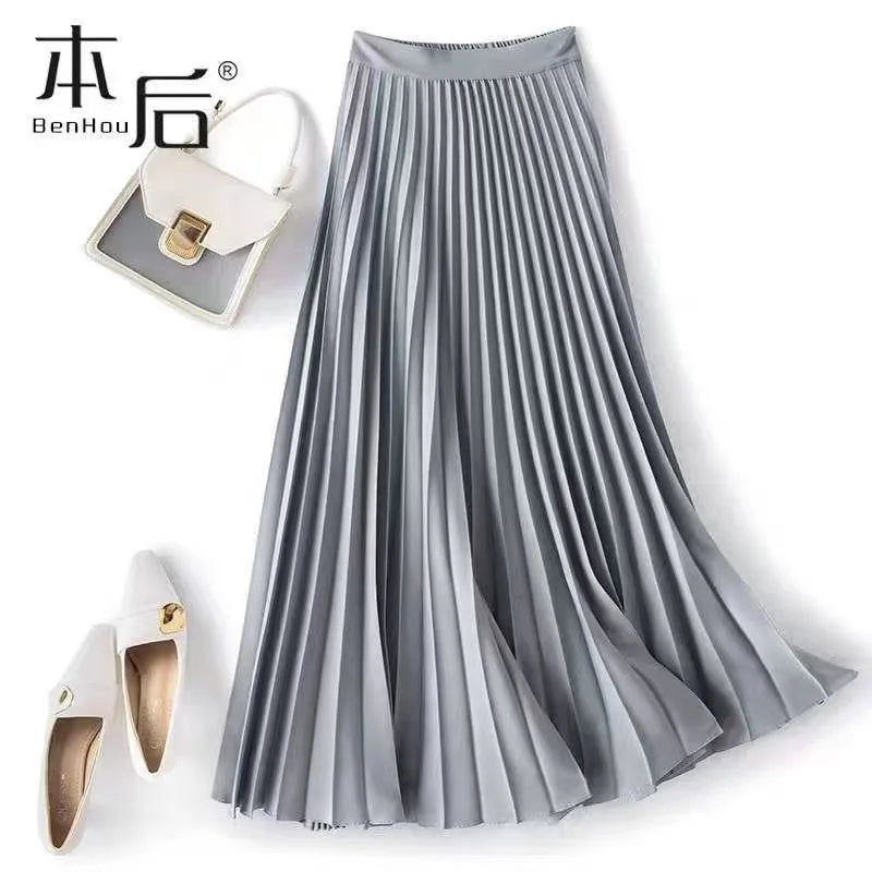 Women's Pleated A-Line Maxi Skirt | Vintage High-Waist, Satin Finish
