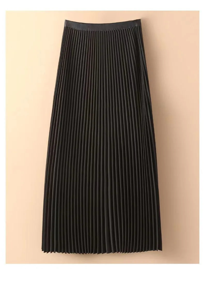Women's Pleated A-Line Maxi Skirt | Vintage High-Waist, Satin Finish