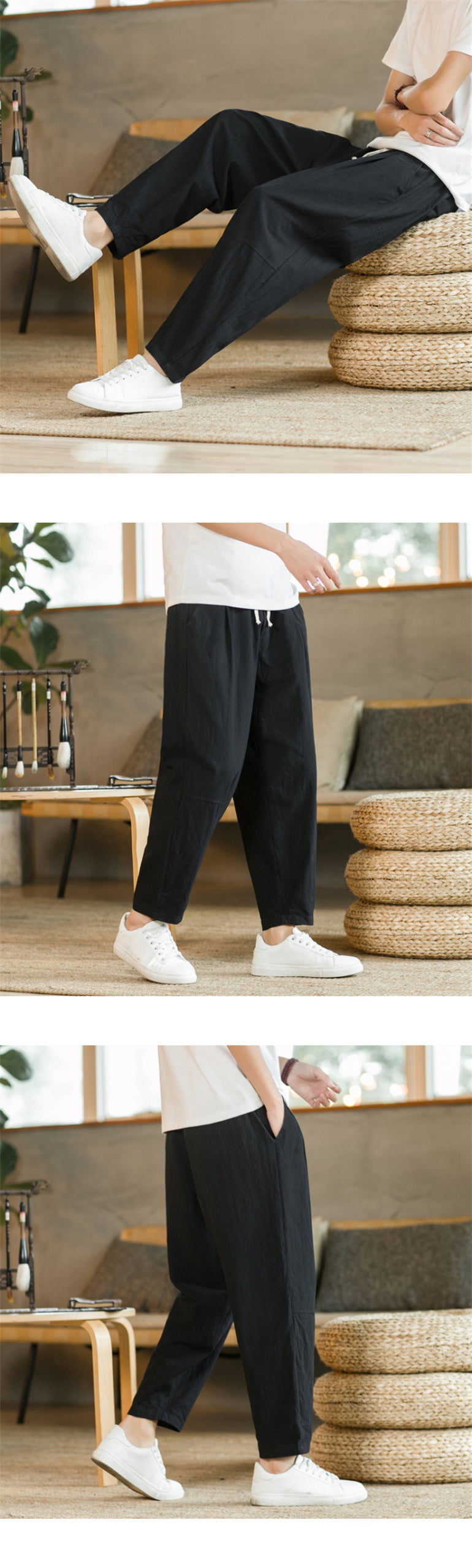 Men's Cotton Linen Streetwear Trousers – Loose Fit, Ankle-Length