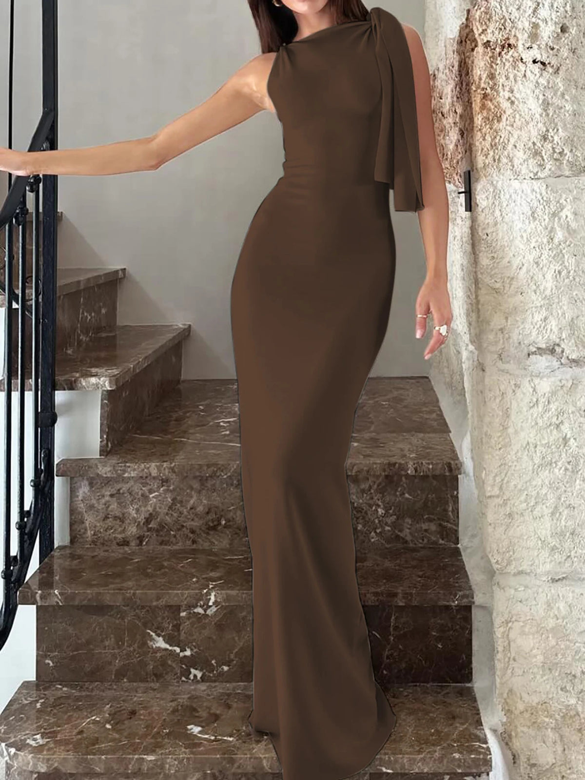 Women's Off-Shoulder Knit Maxi Dress, Empire Waist A-Line
