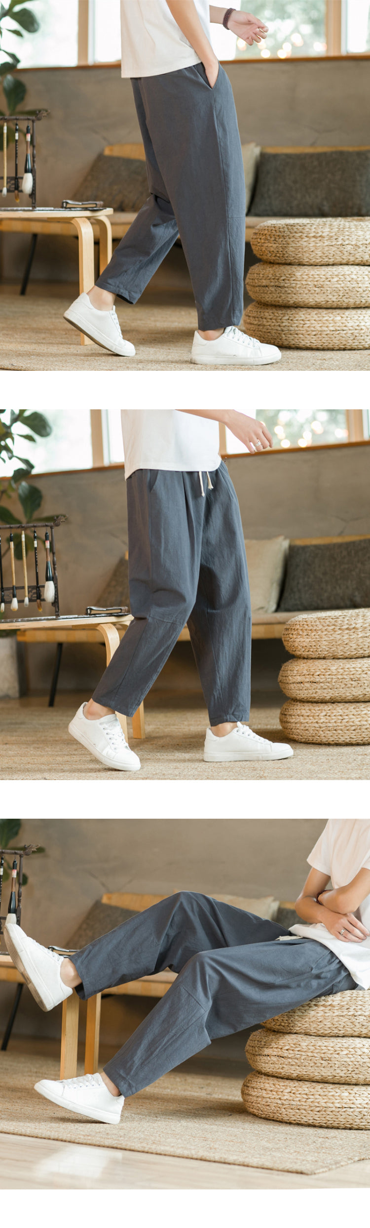 Men's Cotton Linen Streetwear Trousers – Loose Fit, Ankle-Length
