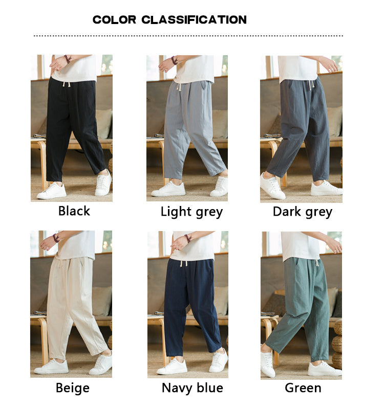 Men's Cotton Linen Streetwear Trousers – Loose Fit, Ankle-Length