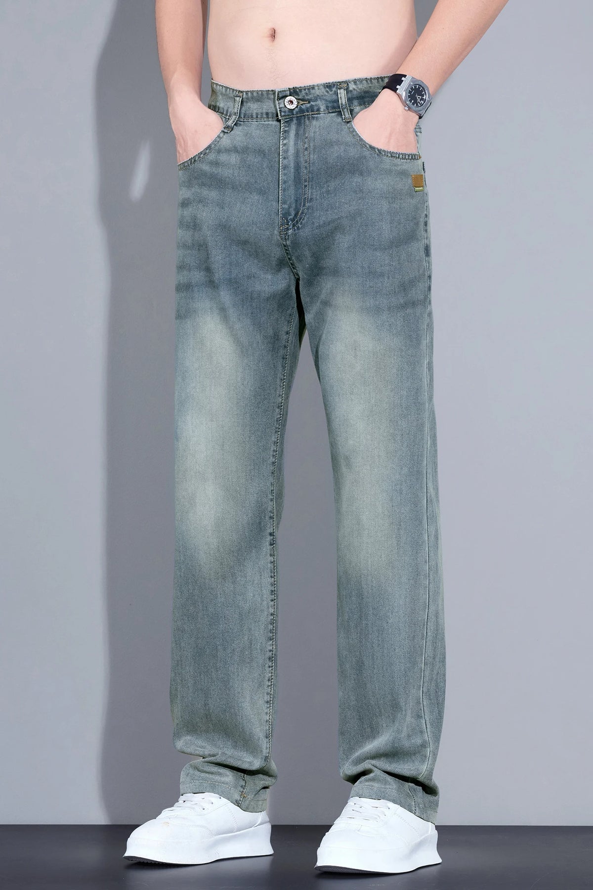 Men's Straight Leg Jeans – Lightweight Stretch Denim, Light Wash