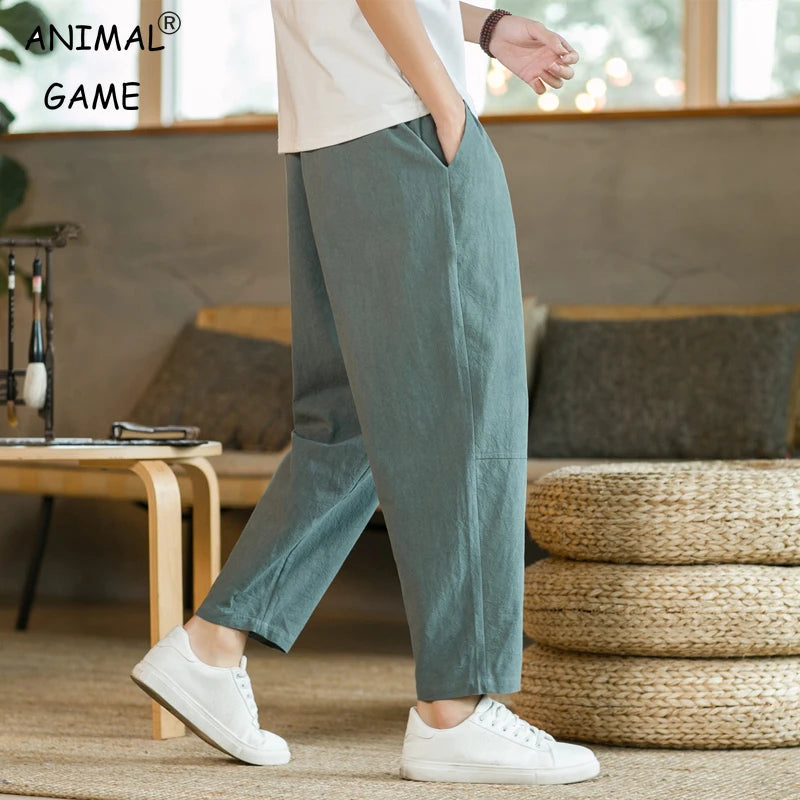 Men's Cotton Linen Streetwear Trousers – Loose Fit, Ankle-Length