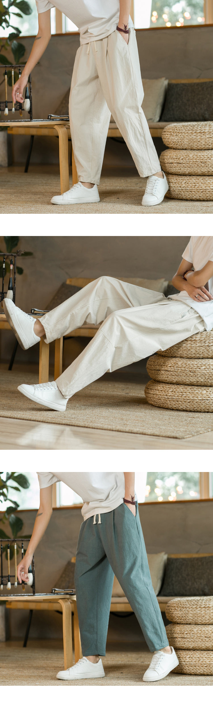 Men's Cotton Linen Streetwear Trousers – Loose Fit, Ankle-Length