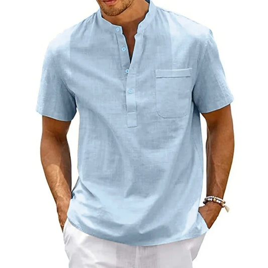 Men's Cotton Linen Henley Shirt – Short Sleeve Summer Pullover