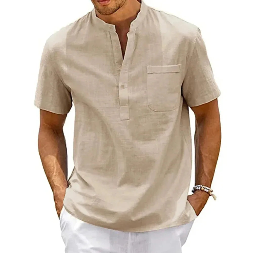 Men's Cotton Linen Henley Shirt – Short Sleeve Summer Pullover