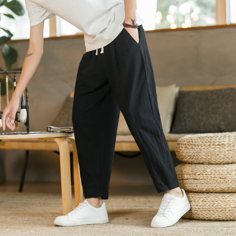 Men's Cotton Linen Streetwear Trousers – Loose Fit, Ankle-Length
