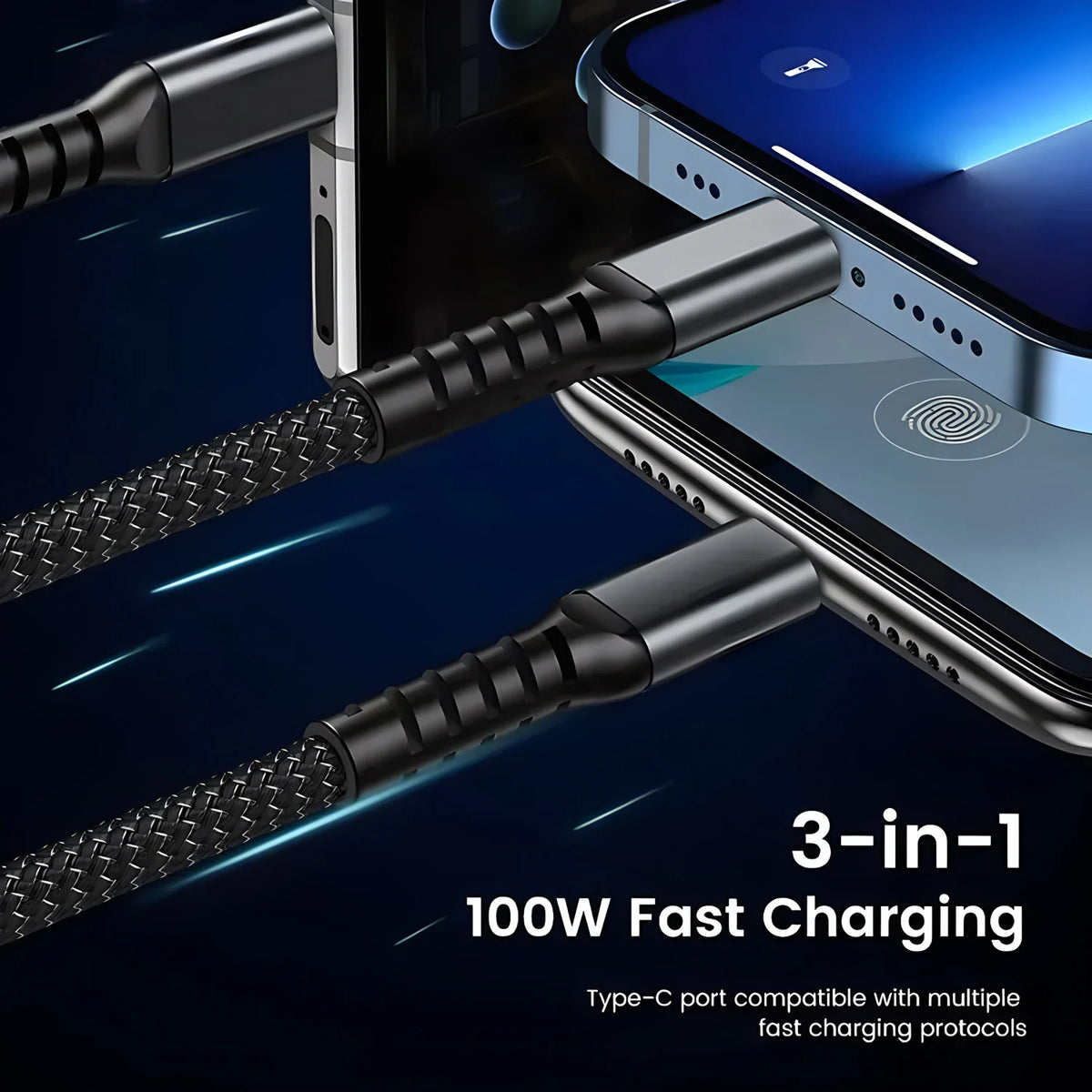 100W 3-in-1 Fast Charging Cable – USB-C, Micro, Lightning