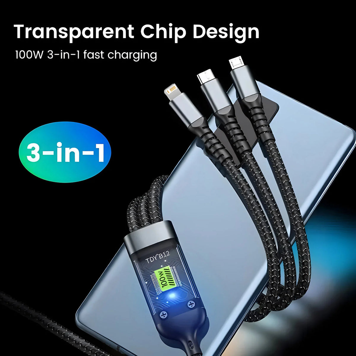100W 3-in-1 Fast Charging Cable – USB-C, Micro, Lightning