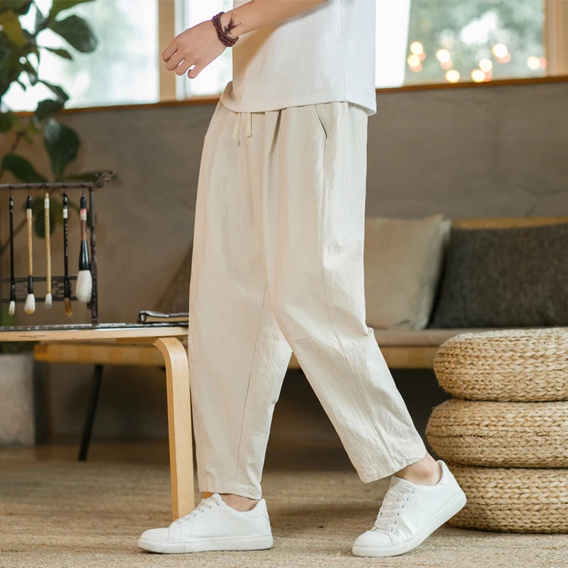 Men's Cotton Linen Streetwear Trousers – Loose Fit, Ankle-Length