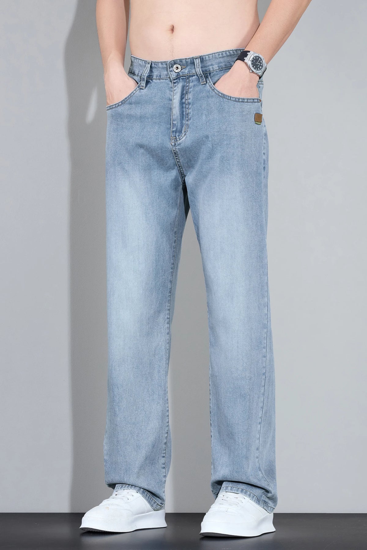 Men's Straight Leg Jeans – Lightweight Stretch Denim, Light Wash