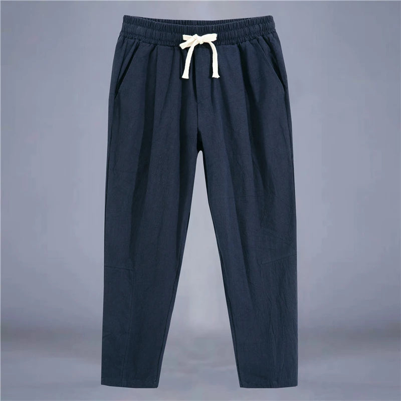 Men's Cotton Linen Streetwear Trousers – Loose Fit, Ankle-Length