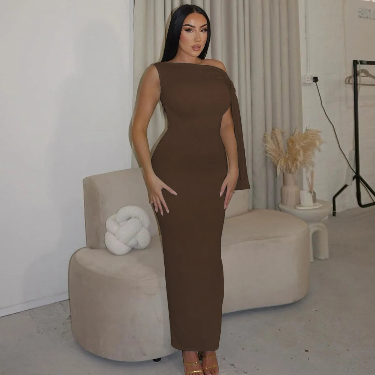 Women's Off-Shoulder Knit Maxi Dress, Empire Waist A-Line