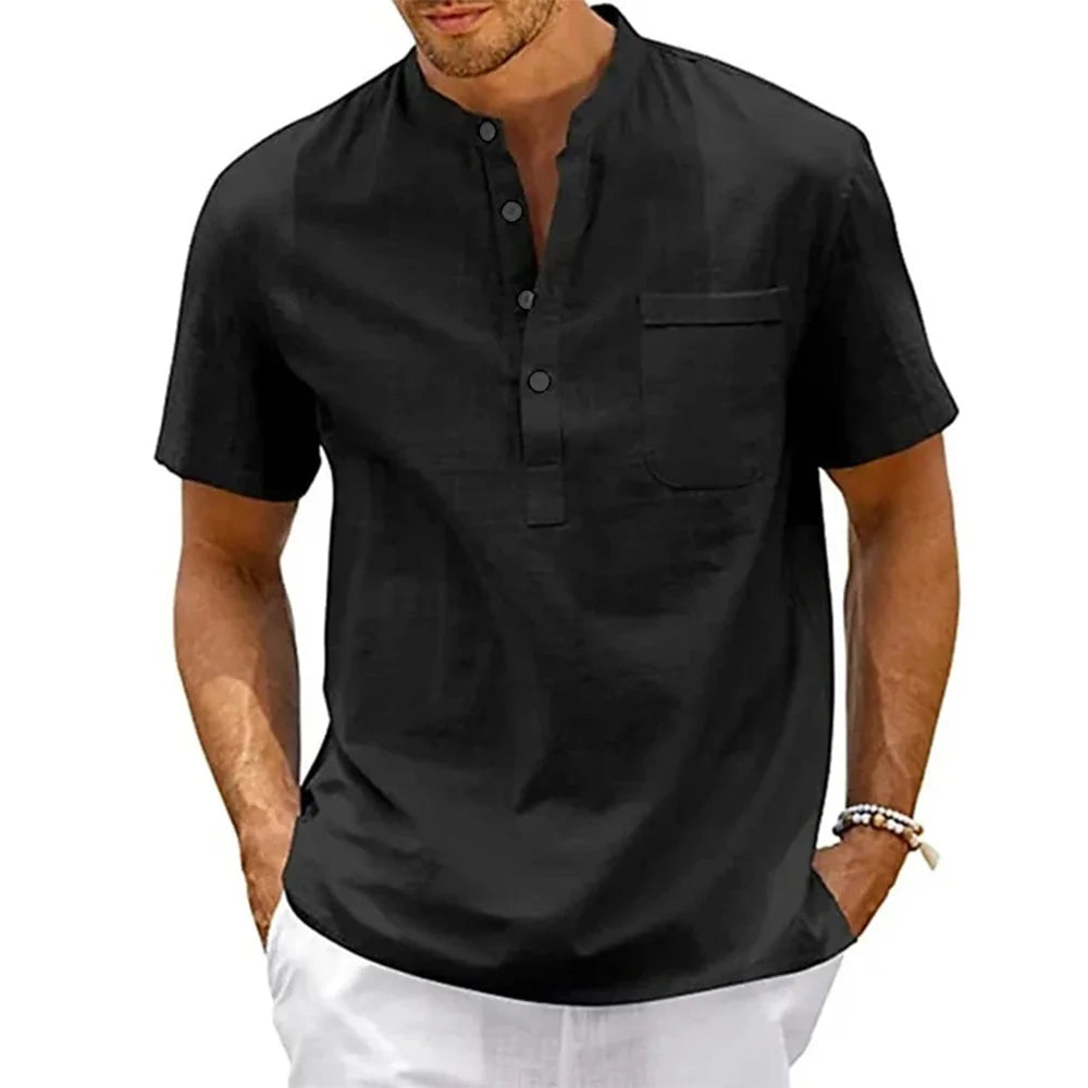 Men's Cotton Linen Henley Shirt – Short Sleeve Summer Pullover