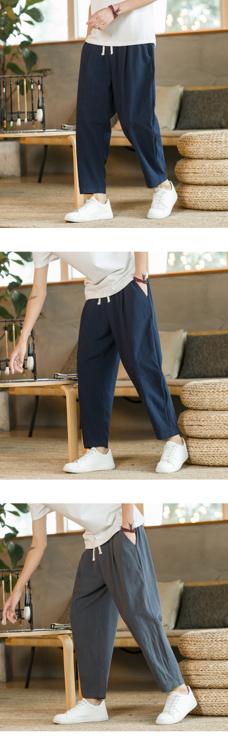 Men's Cotton Linen Streetwear Trousers – Loose Fit, Ankle-Length