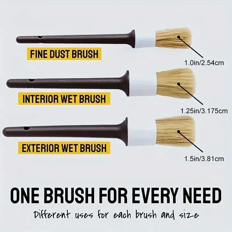 3PCS Boar Hair Detail Brush Set – Car Interior & Exterior Cleaning Brushes