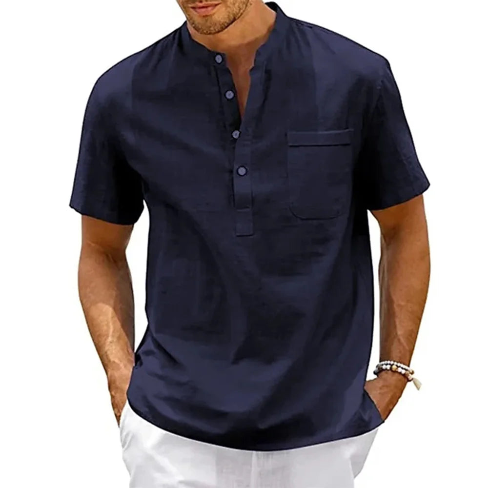 Men's Cotton Linen Henley Shirt – Short Sleeve Summer Pullover