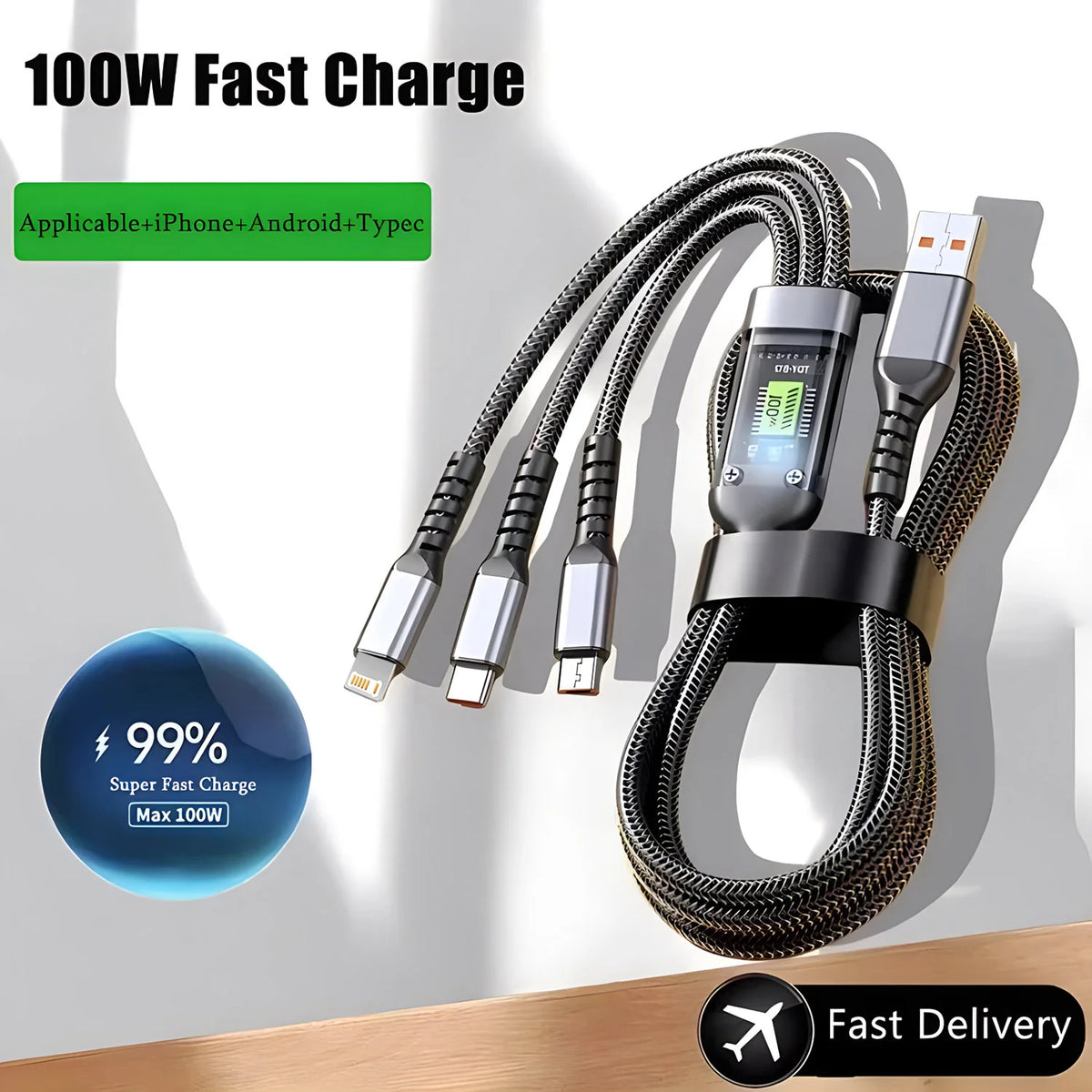 100W 3-in-1 Fast Charging Cable – USB-C, Micro, Lightning