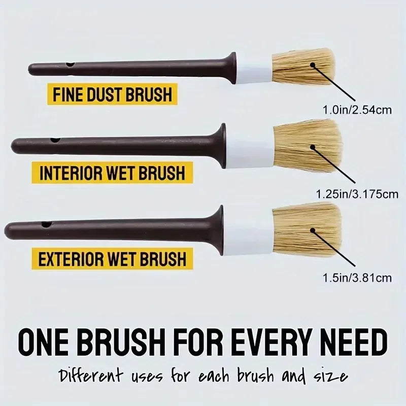 3PCS Boar Hair Detail Brush Set – Car Interior & Exterior Cleaning Brushes