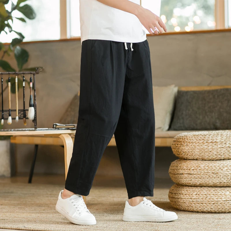 Men's Cotton Linen Streetwear Trousers – Loose Fit, Ankle-Length