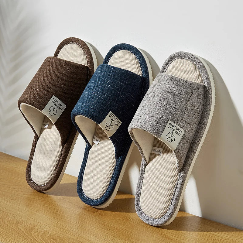 Men's Linen Slippers – Breathable Open-Toe House Shoes