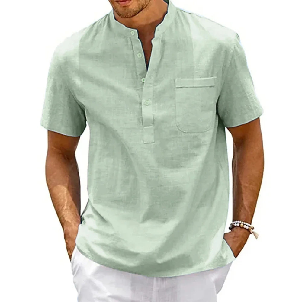 Men's Cotton Linen Henley Shirt – Short Sleeve Summer Pullover