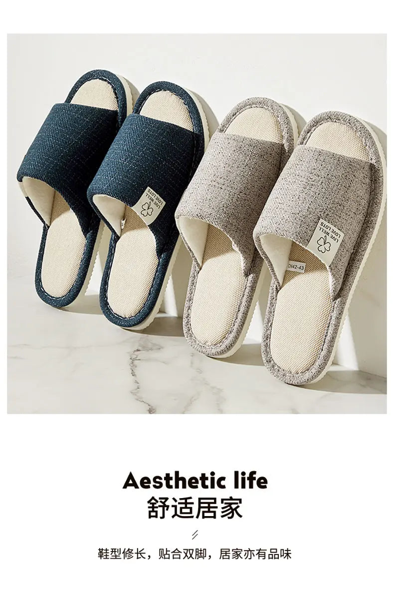 Men's Linen Slippers – Breathable Open-Toe House Shoes