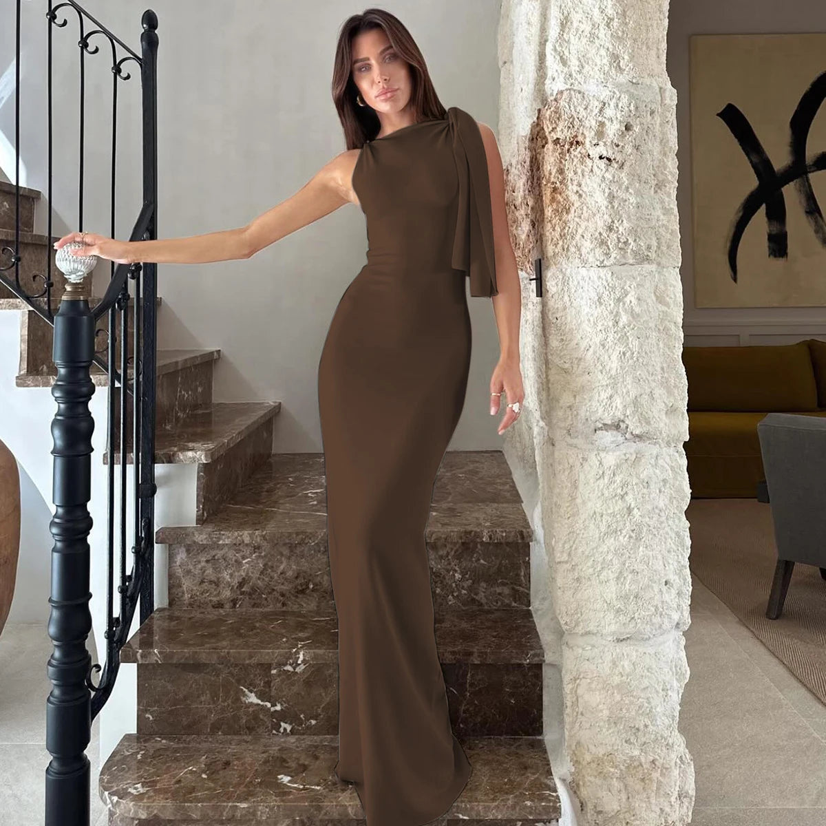 Women's Off-Shoulder Knit Maxi Dress, Empire Waist A-Line