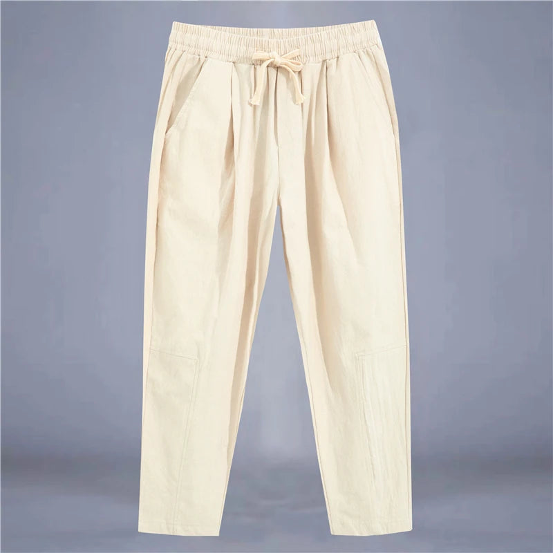 Men's Cotton Linen Streetwear Trousers – Loose Fit, Ankle-Length
