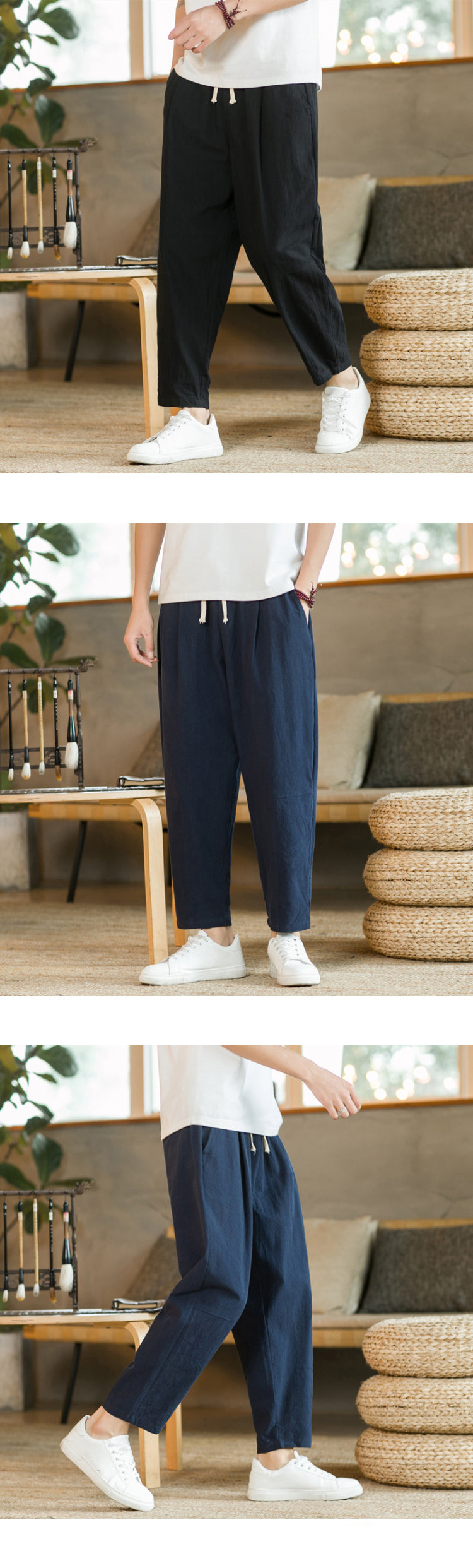 Men's Cotton Linen Streetwear Trousers – Loose Fit, Ankle-Length