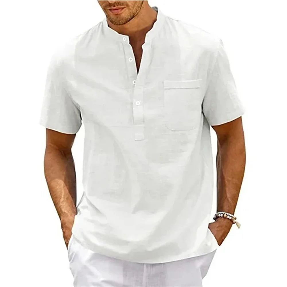 Men's Cotton Linen Henley Shirt – Short Sleeve Summer Pullover